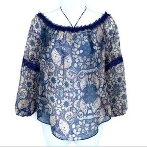 Foxiedox OTS Lace Trim Floral Blouse Blue Ivory